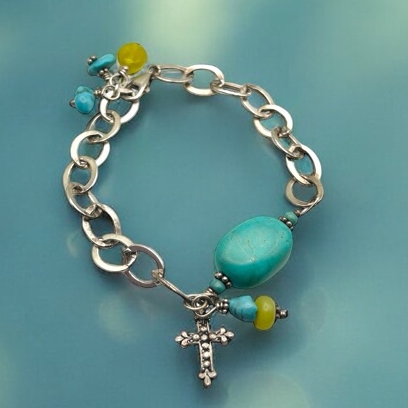 925 Sterling Silver Turquoise Cross Link Bracelet 8” - Picture 1 of 12